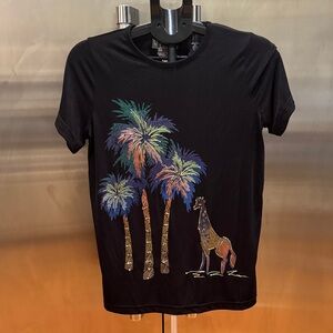 Black Short Sleeve Tee with Palm Tree and Giraffe Design